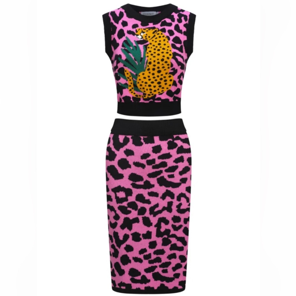OXknit Pink Cheetah Skirt and Top Set NWT size XL